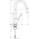 Ein Diagramm eines Axor Spültischmischers mit schwenkbarem Auslauf. Maße und Details zu Anschlüssen sowie Hebel sind eingezeichnet.